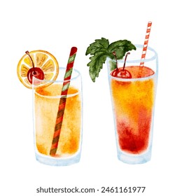 Watercolor drink set orange vector cocktails, summer beverage