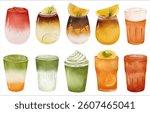 Watercolor Drinks Illustration Set Hand Painted Iced Tea Coffee Matcha Lemonade Juice Smoothie Latte Citrus Beverage Clipart
