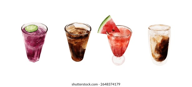 Watercolor drinks set with 4 hand-painted elements in vector format. Ideal for beverage-themed designs, menus, and clipart use.