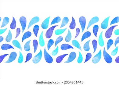 Caídas acuarelas, gotitas, lágrimas sin fisuras de borde vectorial, marco. Las manchas de agua son interminables, acuáticas acuáticas, fondo. Azul marino, agua y colores turquesa. Plantilla artística dibujada a mano.