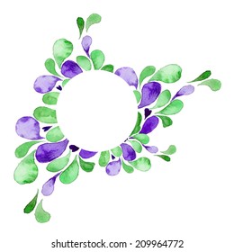 Watercolor drops ornamental round frame in green and blue colors drawn in vector