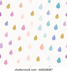 Watercolor drops seamless pattern background with gold glitter elements.