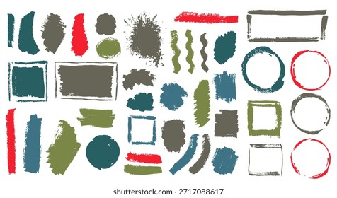 Grupo de vetor de traçado de pincel seco de aquarela. Elementos modernos de caixa de borda desenhada à mão. Coleta de impressão de rótulo texturizado de manchas de manchas. Daub aquarela manchas design.