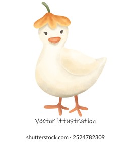 watercolor Duck with a wooden flower on head.	 