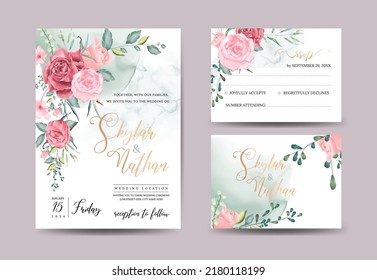 Watercolor dusty rose ad greenery tropical wedding invitation template and RSVP set

