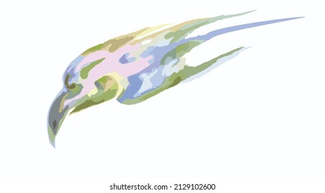 La cabeza del águila acuarela se desliza sobre un fondo claro. Vuelo de águila en forma de flecha en tonalidad verde-rosa-azul para afiches, soluciones interiores, textiles, productos de tela, papel pintado, etc.