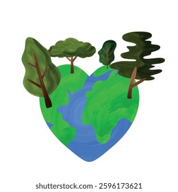 Watercolor earth heart world globe with trees. Nature eco environment ecology planet. Eco-friendly, save the planet and world environment day