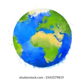 Watercolor Earth illustration, painted globe, Europa and Africa continents, oceans. Artistic picture of earth.