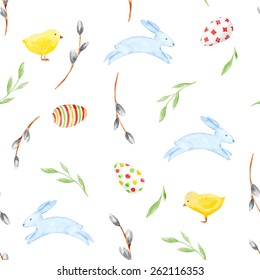 Watercolor Easter background. Seamless pattern with bunny, eggs, chicken and willow twig. Holiday. 