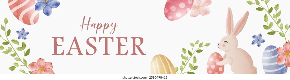 Watercolor Easter banner with cute bunny, floral elements, decorative eggs in soft pastel colors. Perfect for web design, social media, invitations, prints, and holiday marketing materials.