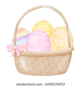 Watercolor Easter basket with colorful eggs and pink ribbon bow vector illustration