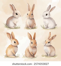 Watercolor Easter Bunny Clip Art. Vector illustration with hand drawn rabbit. Each element is isolated and movable.