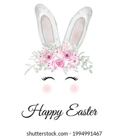 watercolor easter bunny ear with flower pink crown