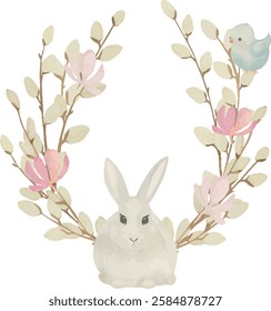 Watercolor Easter Bunny Illustration with Floral Wreath for Spring vector watercolor illustration willow branch