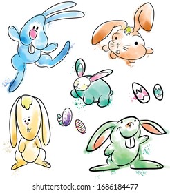 Watercolor easter bunny vector sets cartoon style