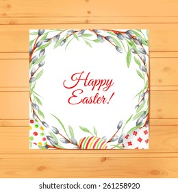Watercolor Easter Card with eggs and willow branches on wood texture. Vector background. 