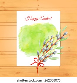 Watercolor Easter Card with willow branches on wood texture. Holiday background.