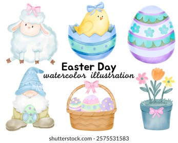 Watercolor Easter Day Illustration: Featuring Cute Sheep, Chick, Easter Eggs, Basket, Gnome, and Flower Pot for Spring-Themed Designs, Celebrations, and Creative Art Projects