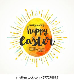 Watercolor Easter egg with sunburst and calligraphic greeting - Vector illustration.