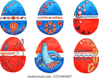Colección de huevos de Pascua en estilo de arte popular con pájaros, conejos y adornos florales. Huevos decorativos rojos y azules pintados a mano, conjunto de ilustración escandinava ingenua aislado en blanco para diseño navideño.