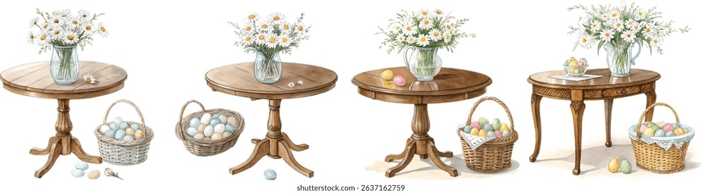 Watercolor Easter Eggs and Daisy Flowers on Vintage Wooden Tables Illustration