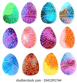 Watercolor easter eggs with doodle ornament on white background. Vector illustration. Spring holiday card. Perfect for greeting card, invitation, postcard, print.