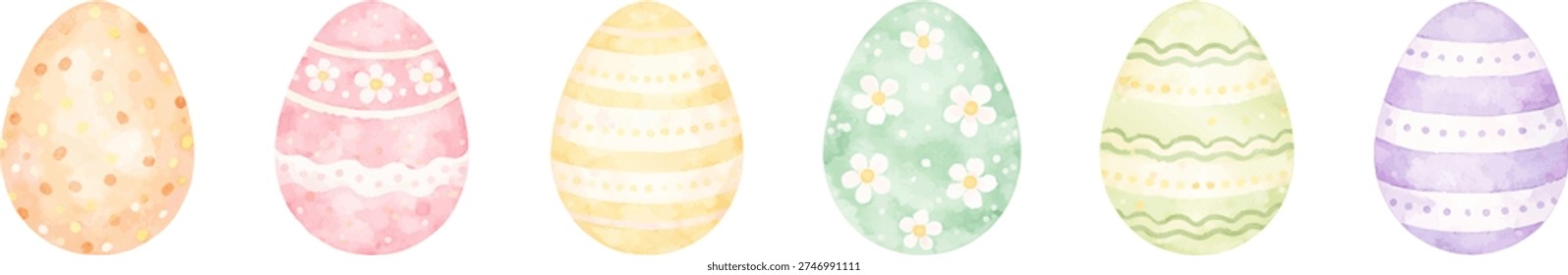 Watercolor Easter eggs pastel set with hand painted textures and soft spring colors, perfect for Easter cards, invitations, stickers, prints, and decorations