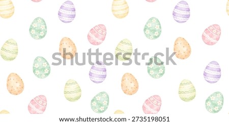 Watercolor Easter eggs seamless pattern with pastel decorated eggs on transparent background, perfect for Easter wrapping paper, spring textiles, cards and festive designs