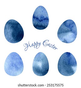 Watercolor Easter eggs set in blue colors.