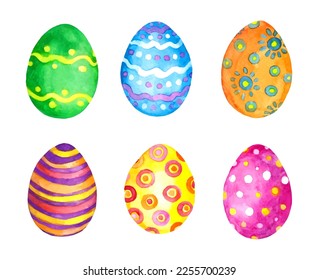 Watercolor Easter eggs set  colored   ornate by decorative flowers  dots  stripes in colorful colors  Vector water paint hand drawn egg bundle collection