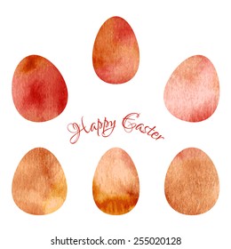 Watercolor easter eggs set in orange, beige, yellow and red colors.
