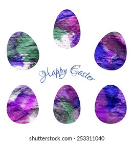 Watercolor easter eggs set in purple, green, white and blue colors.