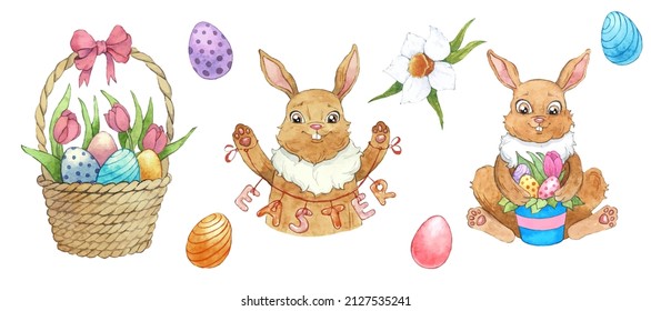 Watercolor Easter elements set: Easter cartoon bunnies, Eggs, garland, daffodil flowers, basket with eggs. Vector illustration for Spring Holidays 