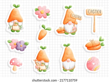 watercolor easter gnome, gnome easter sticker sheet. Vector illustration