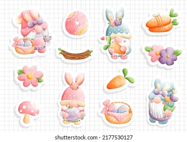 watercolor easter gnome, gnome easter sticker sheet. Vector illustration