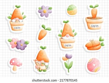 watercolor easter gnome, gnome easter sticker sheet. Vector illustration