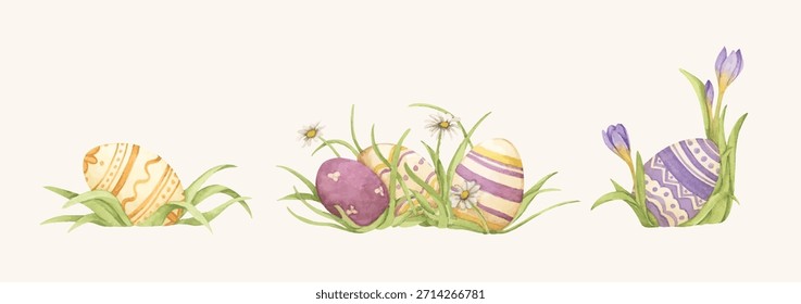 Aquarell Ostergras mit bemalten Osterei, Frühling Garten Bauernhof Stil, Blumendekoration, niedliche Feiertagsgrafik, fröhliche Osterfeier, Hase Jagd Szene.