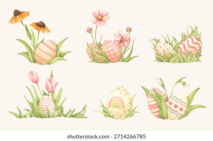 Conjunto de hierba de Pascua de acuarela con huevo de Pascua pintado, estilo de granja de jardín de primavera, decoración floral, linda ilustración de vacaciones, feliz celebración de Pascua, escena de caza de conejitos.