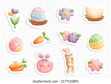 watercolor easter, Happy Easter sticker sheet. Vector illustration