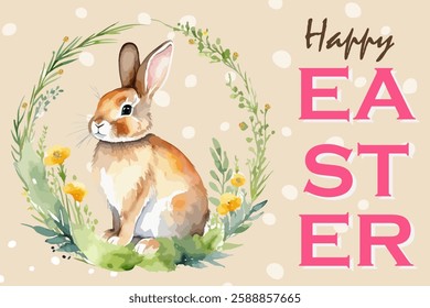 Watercolor Easter illustration featuring a cute rabbit surrounded by a floral wreath with delicate yellow and blue flowers, featuring "Happy Easter" text and subtle gold glitter accents