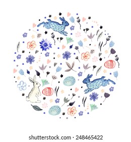 Watercolor Easter illustration. Vector illustration. Watercolor painting. Easter template. Floral motifs and traditional Easter symbols. 