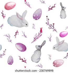 Watercolor Easter pattern. Vector hand drawn seamless texture with white rabbits, flowers, branches and colored eggs.