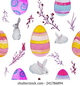 Watercolor Easter pattern. Vector hand drawn seamless texture with white rabbits, flowers, branches and colored eggs.