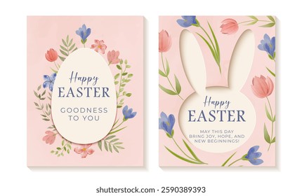 Watercolor Easter posters with papercut effect. Elegant floral spring designs in soft pastel colors. Ideal for greeting cards, invitations, prints, social media, and festive decor.