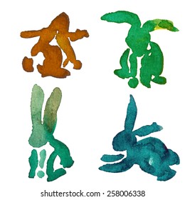 Watercolor easter set of rabbits. Hand drawn vector.