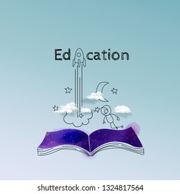 Watercolor of education book intelligent, Smart learning concept, rocket launch