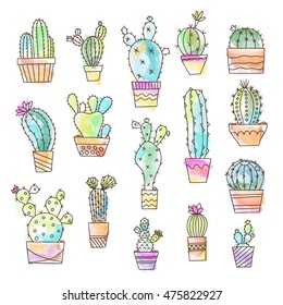 Watercolor effect cactus set illustration