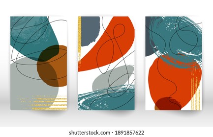 Watercolor effect design cover. Set of abstract hand drawn geometric shapes. Doodle lines, golden particles. Watercolor shapes imitation. Contemporary design with doodle shapes. Gold lines.