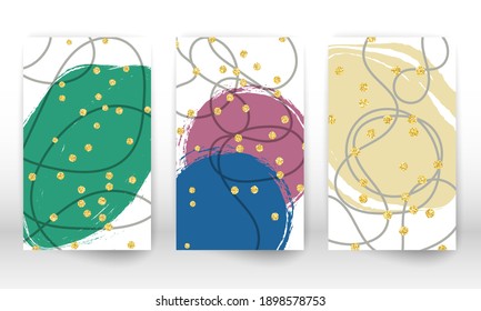 Watercolor effect design cover. Set of abstract hand drawn geometric shapes. Doodle lines, golden particles. Watercolor shapes.