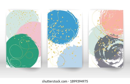 Watercolor effect design cover. Set of abstract hand drawn geometric shapes. Doodle lines, golden particles.